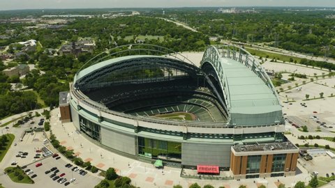 Milwaukee , Wisconsin / United States - 07 03 2019: Aerial Establishing Shot to reveal Baseball Diamond at Miller Park [4k]