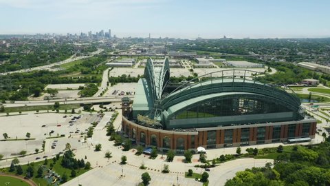 Milwaukee , Wisconsin / United States - 07 03 2019: Aerial Circling shot of Miller Park, home of the Milwaukee Brewers [4k] - 2x speed