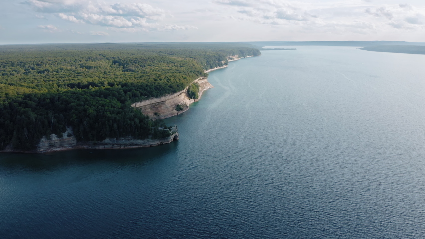 Aerial view of Pictured Rocks cliffs formations in National  Lakeshore, Michigan