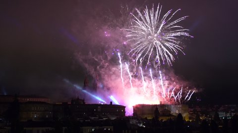 Fireworks on Santiago de Compostela skyline. July 24th Apostle Santiago festival, Galicia, Spain