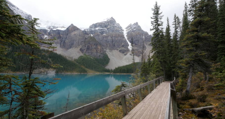 Scenic view of footbridge at Lake Louise, Alberta, Canada