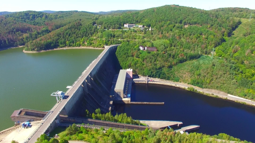 The Orlik Reservoir on Vltava River is the largest hydroelectric dam in the Czech Republic. Aerial view to important source of sustainable energy in European Union. Royalty-Free Stock Footage #1036524182