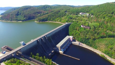 The Orlik Reservoir on Vltava River is the largest hydroelectric dam in the Czech Republic. Aerial view to important source of sustainable energy in European Union.