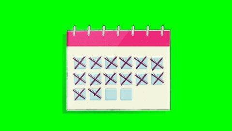 Hand Drawn Calendar Animation. Textured Jittery Low Frame Rate Stop Frame Motion Effect. Includes paper and green screen background.