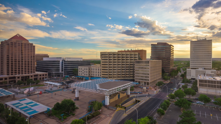 Albuquerque, New Mexico, USA downtown cityscape time lapse from over the town square.