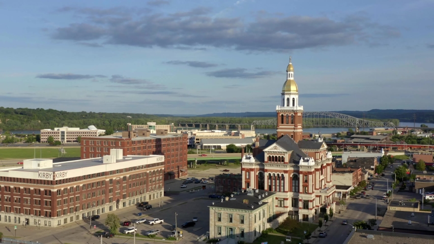 Above Dubuque Iowa, Buildings & City Architecture, Aerial Drone Shot