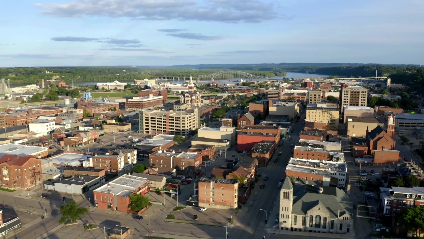 Above Dubuque Iowa, Buildings & City Architecture, Aerial Drone Shot