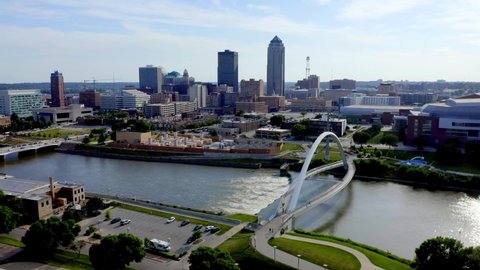 Des Moines Skyline & Iowa Women of Achievement Bridge by Aerial Drone
