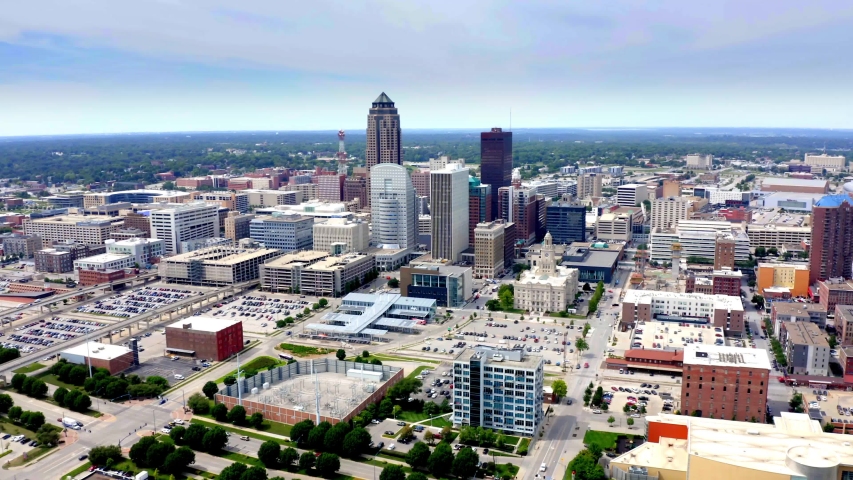 Above Des Moines Iowa, Buildings & City Skyline by Aerial Drone