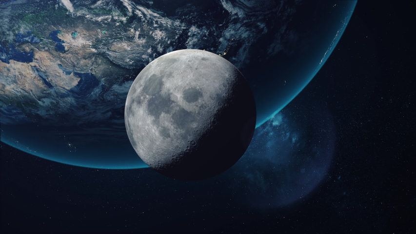 Beautiful space view of the moon orbiting the earth. Ultra realistic 3D animation in 4K 30fps. Royalty-Free Stock Footage #1036530707