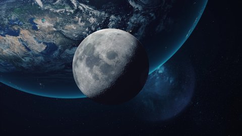 Beautiful space view of the moon orbiting the earth. Ultra realistic 3D animation in 4K 30fps.