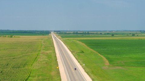 Country Midwestern Road, Aerial Drone Shot, Daytime Farm