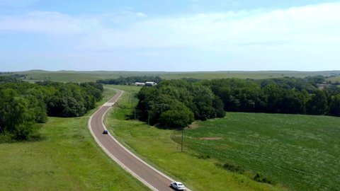 Country Midwestern Road, Aerial Drone Shot, Daytime Farm