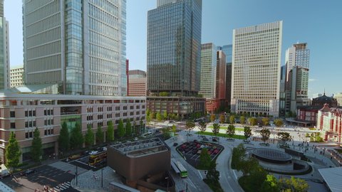 Tokyo, Japan – August 17 2018: High angle pan video of Marunouchi side of Tokyo railway station in the Chiyoda City, Tokyo, Japan. 