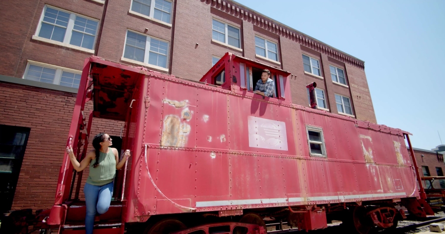Happy Couple on Old Vintage Train, Cute Photo at Museum