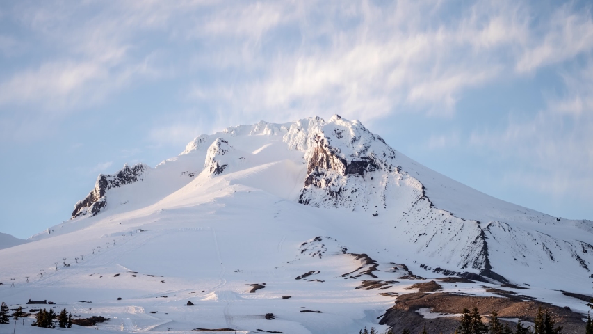 Timelapse of Clouds Over Mount Hood Snowy Summit, Oregon State Usa