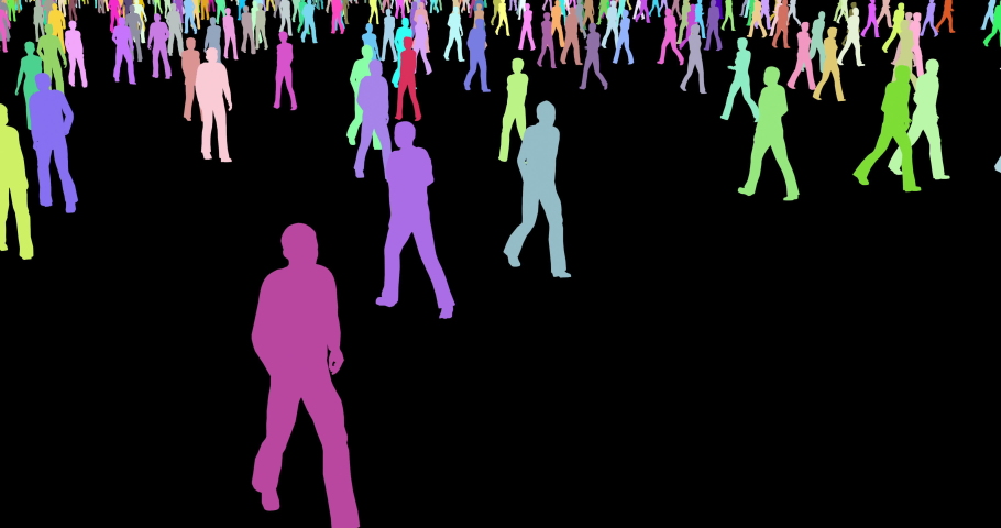 Group of people multicolor silhouettes walking 3d footage. Crowd strolling abstract animation. Unity in diversity and equality metaphor. Multicultural community