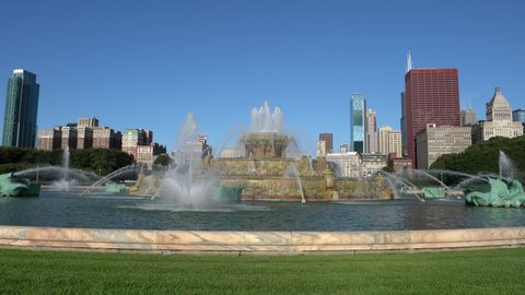 Chicago, IL / USA - August 28, 2019:  Buckingham Fountain with Chicago skyline in the background