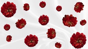 Red flowers falling in white smooth cloth twist  background