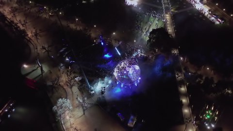 Aerial night video of downtown Melbourne at yarra river during White Night festival with events, Australia 