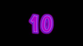 Video Countdown. NEON Style for Editor.Countdown 10 to 1 shinning neon color. 3D countdown 10 to 1 number againts black background