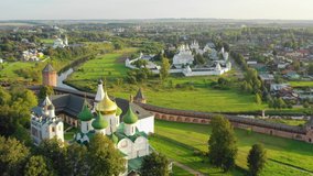 Suzdal, Russia. Aerial view of the Monastery of Saint Euthymius, Golden domes of the Cathedral, Kamenka river and Holy Intercession Convent