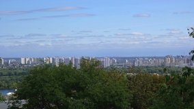 Video sketch of a panoramic overview of the left bank of the Dnieper in the city of Kiev, Ukraine, September 05, 2019 from an observation platform near the Verkhovna Rada