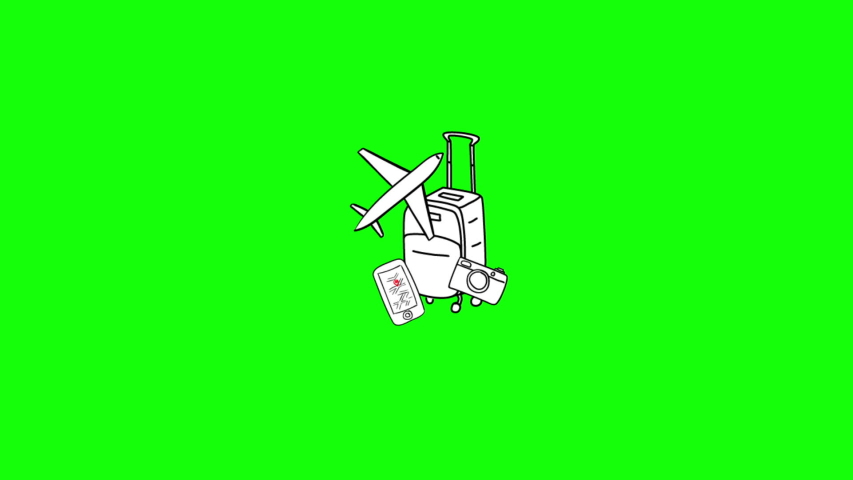Travel Logo includes suitcase, plane, phone in doodle style. Animation on the green bachground