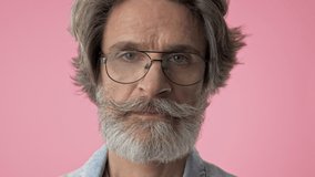 Close up view of pensive elderly stylish bearded man with gray hair in denim jacket thinking and touching his chin over pink background isolated