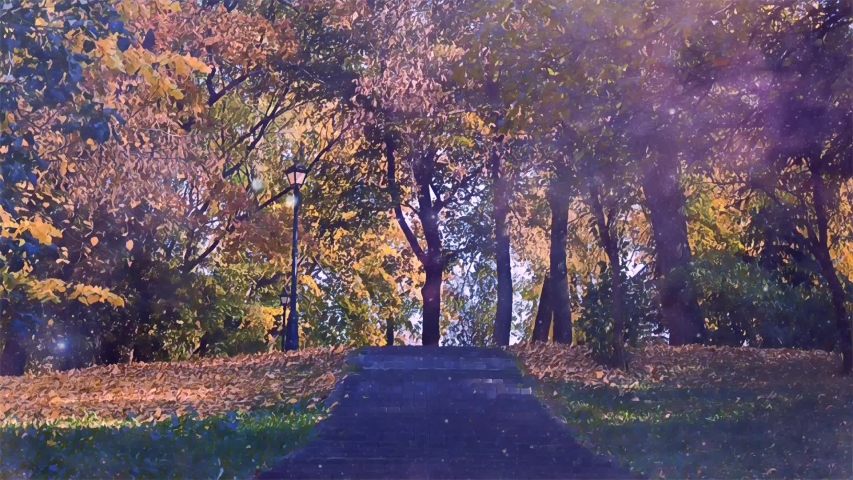 Autumn park, yellow foliage, stairs and lantern
