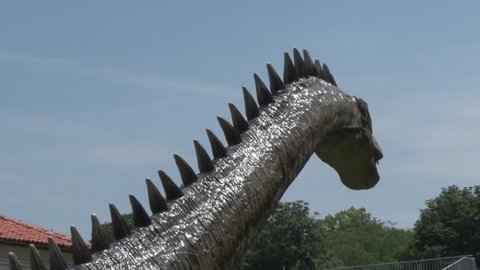Belgrade / Serbia - 06 11 2019: Realistic diplodocus dinosaur in dino park from head to body