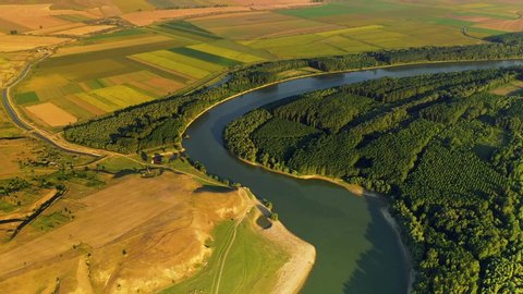 aerial view of the Danube river shore in summer, Dobrogea, Romania