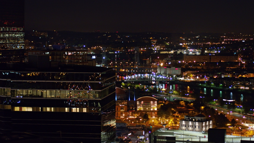 Newark New Jersey Aerial v9 Nighttime cityscape view traversing close up to downtown skyline - October 2017