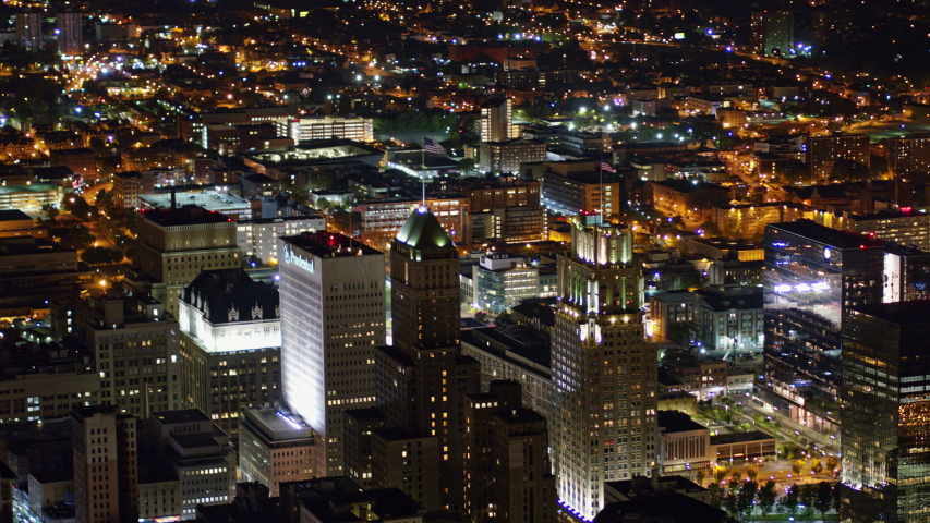 Newark New Jersey Aerial v11 Nighttime panning birdseye high to low with sports arena detail - October 2017