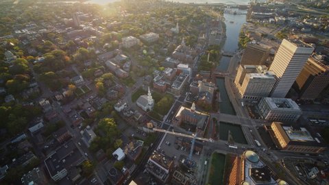 Providence Rhode Island Aerial v27 Panning birdseye of College Hill neighborhood with river and traffic views at sunrise - October 2017