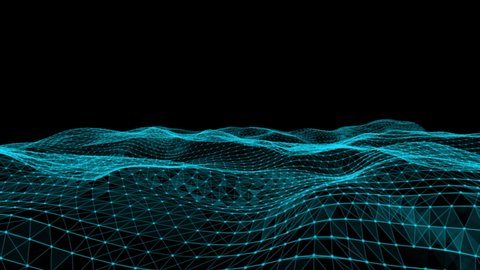 Futuristic flying over 3D plexus green waving terrain abstract technology background -  moving dots and lines network connection structure in black space background
