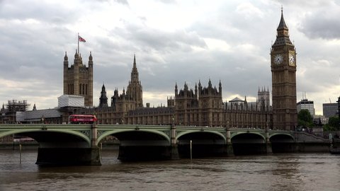 LONDON, AUGUST 28, 2019 Big Ben London, Traffic on Westminster Bridge, Red Double Decker Buses