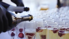 professional waiters pour champagne into glasses with strawberries at wedding ceremony slow motion close view - Powered by Shutterstock - Get 15% off with code: PIKWIZARD15