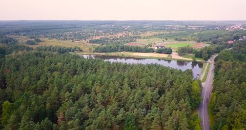 Green forests to the horizon. Lake. Aerial shot