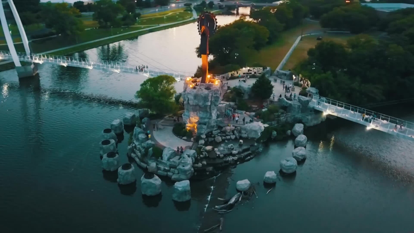 Aerial drone shot of the Keeper of the Plains in Wichita, KS.