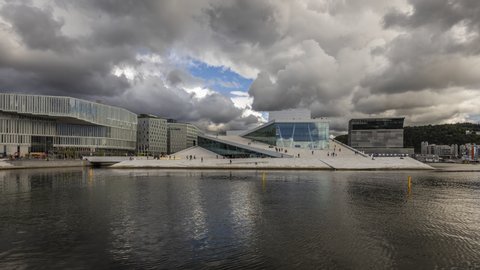 Oslo / Norway - September 3rd 2019: Time Lapse clip of cloud scapes at the Oslo Opera House in Norway