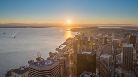 This is a 4k time lapse footage of sunset, twilight and night scene of downtown Seattle, Washington, USA