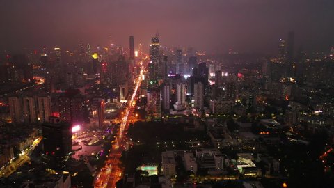 night time illumination shenzhen cityscape traffic street aerial panorama 4k china
