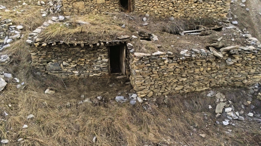 Nepal, Braga, Old stone house ruins drone view