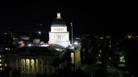 Aerial video of downtown Sacramento California at night. May 2019