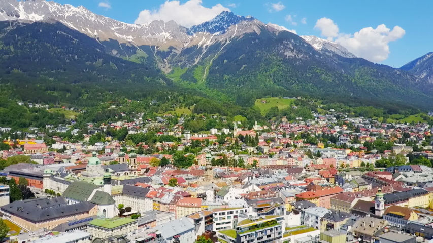 Innsbruck aerial panoramic view. Innsbruck is the capital city of Tyrol in western Austria