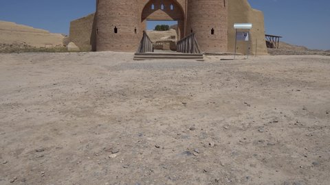 Turkestan Otrartobe Archeological Site Frontal View of Main Gate Entrance and Bridge to the Ancient City on a Sunny Blue Sky Day