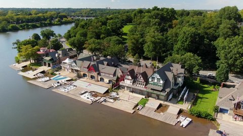 Philadelphia , PA / United States - 08 10 2019: High aerial of Boathouse Row along Schuylkill River and Fairmount Park