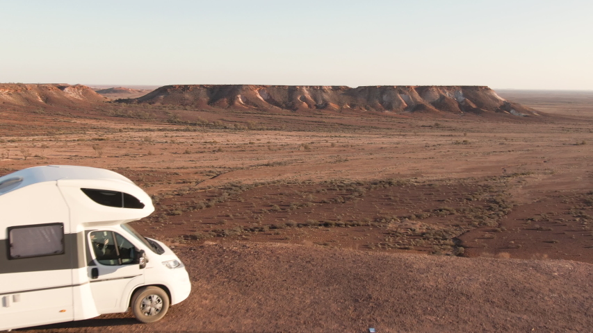 Aerial: Inspiring footage of the Breakaways, tourism scenic spot outside of Coober Pedy in the South Australian Outback.