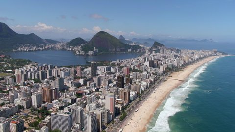 Rio de Janeiro, Brazil, aerial view of Rio de Janeiro coastline showing Ipanema Beach and neighbourhood on a sunny day. 